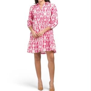 ELLEN TRACY Fuschia Ikat Print Puff Sleeve Tiered Mini Dress Size XS